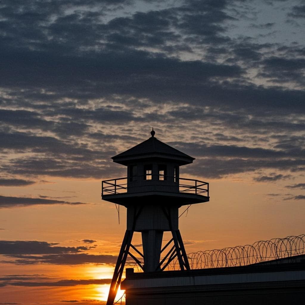 Prison guard tower at sunset